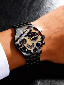 2PCS Luxury Men's Gold Watch Set, A Men's Quartz Watch Set Featuring A Black Metal Strap Paired With A Black-And-Gold Multifunction Quartz Watch And A Black PU Leather Wallet. - Black - View 4