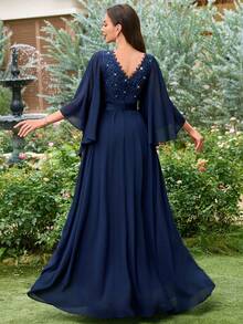 MIUSOL Colorblock Sequin Floral Lace V-Neck Ruffle Sleeve Chiffon Maxi Formal Party Dress Wedding Spring - Navy Blue - View 2