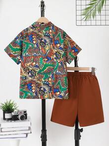 Purechapter 2pcs/Set Tween Boy Summer All-Over Print Shirt & Elastic Waist Pocket Shorts - Multicolor - View 2