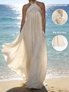 女士优雅缎面吊带连衣裙，宽松飘逸，仙气十足，适合夏季外出、情人节、婚礼宾客、生日等各种场合，白色连衣裙，优雅女士礼服，派对礼服 - 杏色 - 查看 6