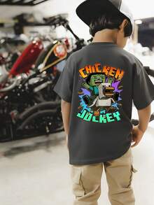 Young Boy "Chicken Jockey" Print T-Shirt, Fashionable Boys' Summer Short Sleeve Tee, Suitable For Daily Wear, School, And Street Style - Dark Grey - View 4