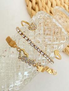 Set de 3 piezas de brazaletes abiertos apilables de metal con corazón de strass y letra LOVE, estilo minimalista de lujo para mujeres - Amarillo Oro - Ver 3
