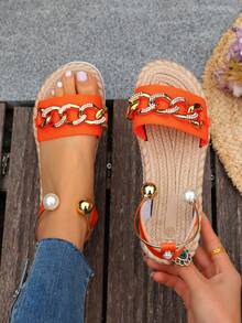 镶钻沙滩凉鞋，甜美女性风格，适合海滩度假，防滑软底 - 桔色 - 查看 1