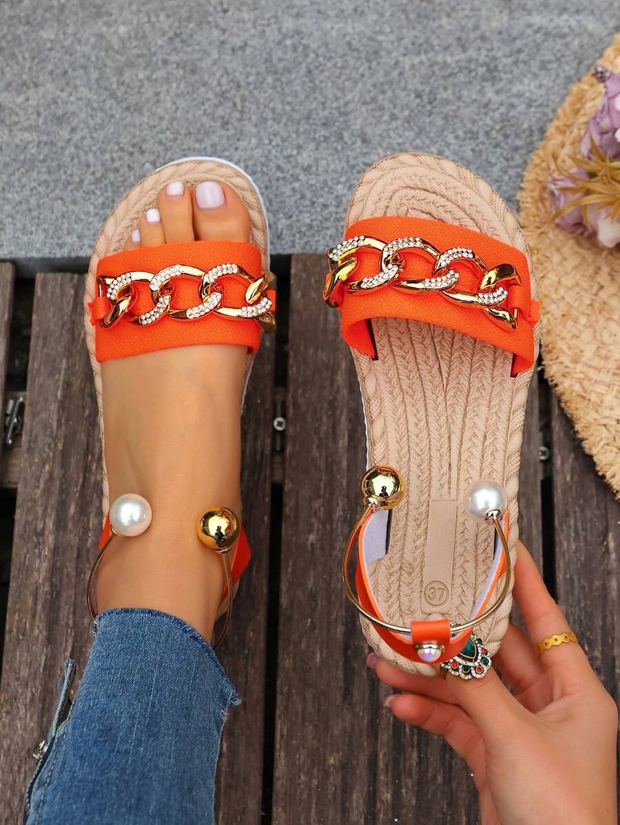 镶钻沙滩凉鞋，甜美女性风格，适合海滩度假，防滑软底 - 桔色 - 查看 1