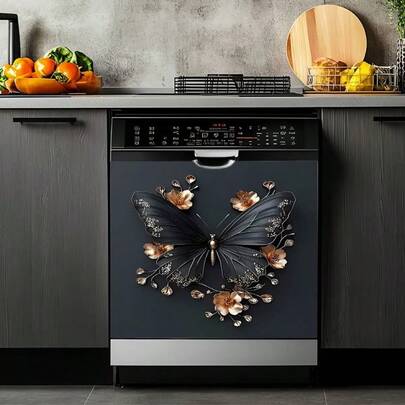 2D平面，1片装优雅黑蝴蝶金花家电装饰贴纸 - 现代厨房、浴室、办公室装饰 - 易于粘贴的乙烯基薄膜，适用于洗碗机、冰箱、洗衣机、橱柜 - 防刮保护和优雅的花卉装饰，橱柜装饰，精致点缀，耐用贴纸，装饰贴纸，厨房翻新，2D平面
