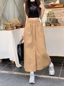 Korean Style Minimalist Design Casual Versatile A-Line Mid-Length Skirt - Khaki - View 2