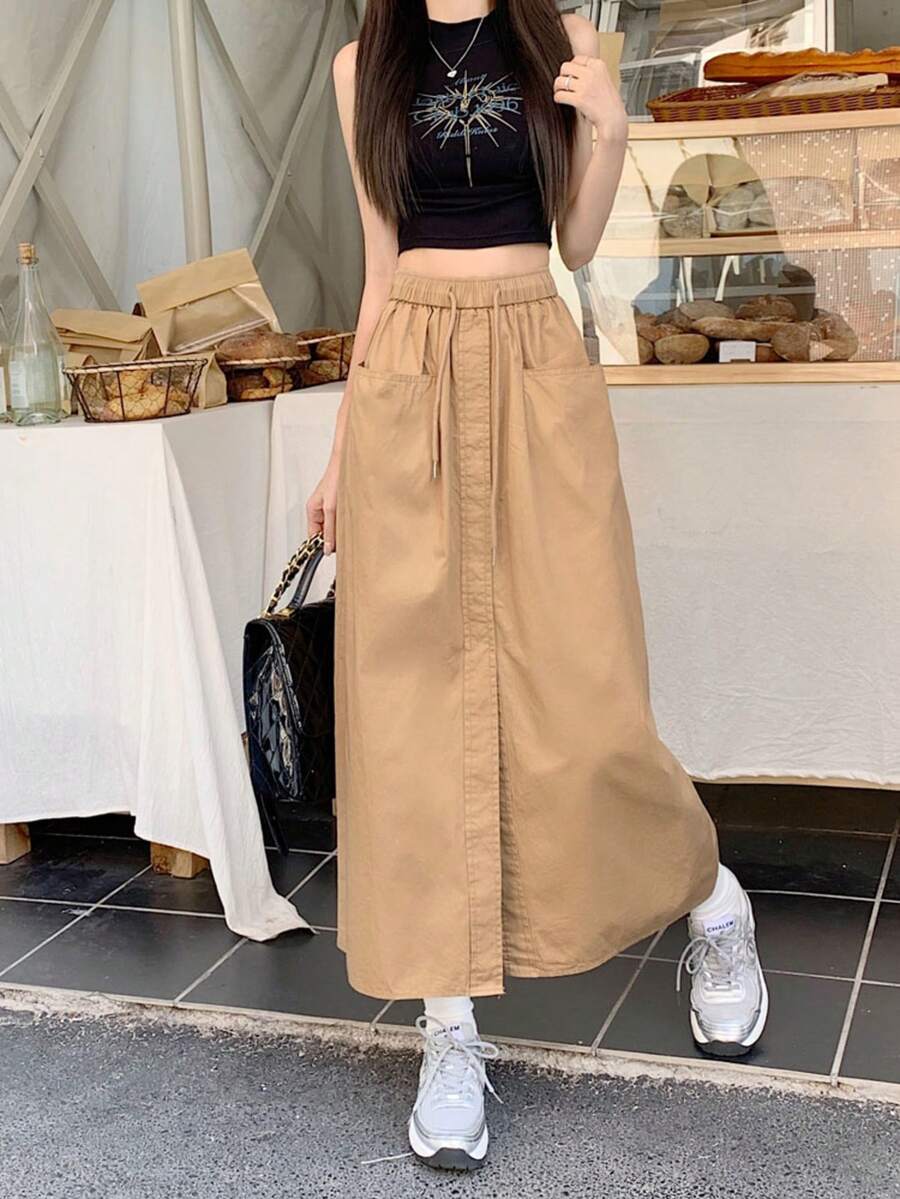 Korean Style Minimalist Design Casual Versatile A-Line Mid-Length Skirt