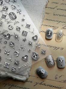 Beautizon Nailartlab 3D Gothic Style Nail Art Stickers | Silver Punk Cross Heart Star Pattern | DIY Self-Adhesive Nail Decals - Multicolor - View 2