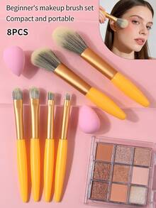 8件套化妆刷套装 - 粉底刷、眼影刷、腮红刷、修容刷、眉刷、迷你化妆海绵、新手化妆工具 - 黃色 - 查看 4