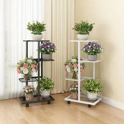 3/4/5 Tier Metal Flower Stand With Wheels | Decorative Rack, Storage Rack, Living Room/Balcony Plant Stand, Holds Up To 5 Potted Plants