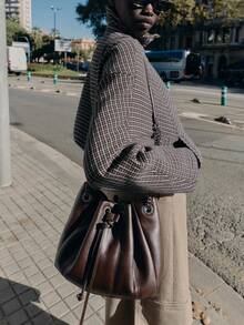 Deep Brown Drawstring Bucket Bag, Chain Shoulder/Crossbody Strap, Soft Leather Feel, Large Capacity, Hobo Style Versatile Daily Bag, Women Handbag, Women Gift - Brown - View 5