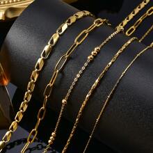 5件套简约18K镀金叠层项链套装，男女皆宜的百搭时尚配饰 - 金色 - 查看 2