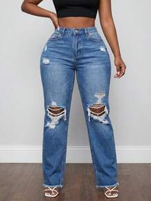 Navy Blue Distressed Wide Leg Women's Jeans, Frayed Hem Design, Slim Straight Leg Pants, Suitable For Casual Street Wear - Dark Wash - View 1