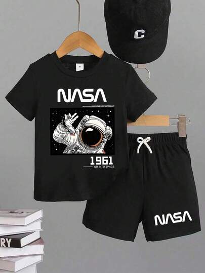 2pcs/Set Boys' Casual Multifunctional Cartoon Print Short Sleeve T-Shirt And Shorts, Suitable For Outdoor, School, Vacation, Travel, Relaxation, Sunbathing And Other Summer Occasions