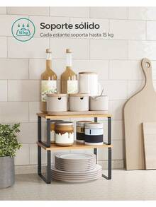 SONGMICS Organizadores de Cocina, Juego de 4 Estantes de Cocina, Apilables, Expandibles, Metal y Madera de Ingeniería, Negro y Natural MKCS10NB - Negro + Natural - Ver 5