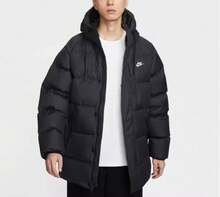 Nike 男士刺绣绗缝夹克，保暖连帽运动外套 - 黑色 - 查看 2