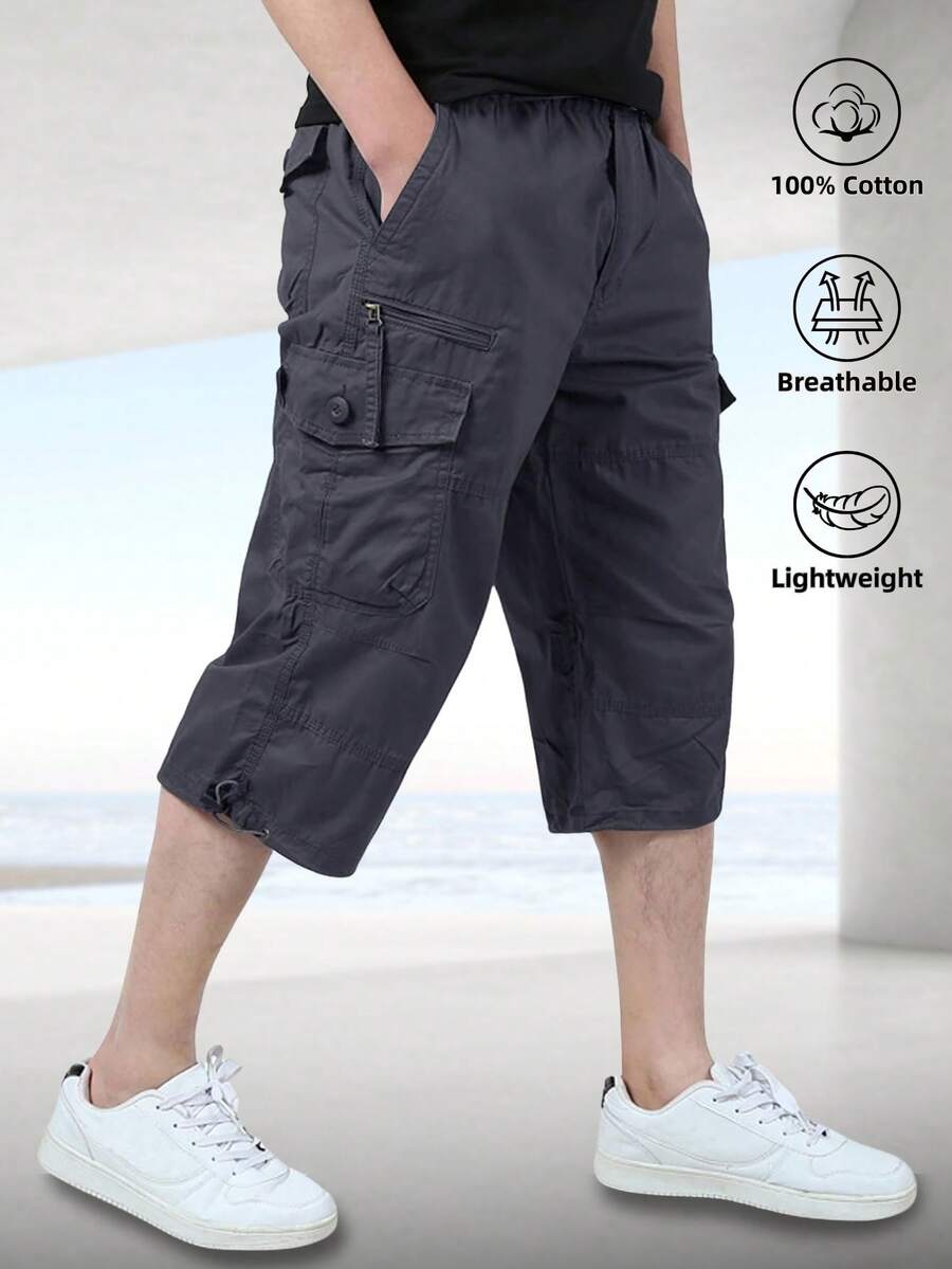 Men's Cotton Hiking Capri Shorts Casual Street 3/4 Length Summer Cargo Cropped Pants Lightweight Below Knee Length Shorts With 7 Pockets, Grey
