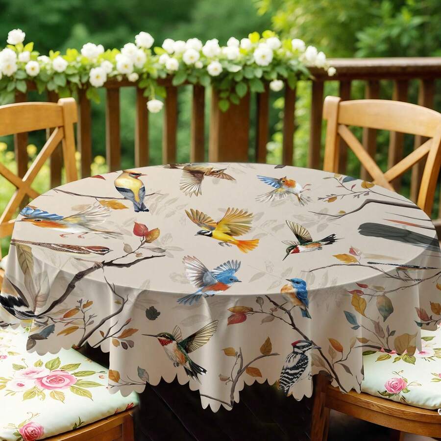 Round Tablecloth With Flower And Bird Patterns Wear Resistant And Dirt Resistant For Home Decoration Picnics And Holiday Gatherings Christmas Decorations - 彩色 - 查看 1