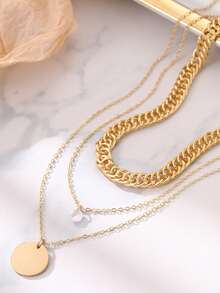 3pcs/Set Women Layered Necklace Set, Classic Fashion Geometric Circle Sequin & Shiny Cubic Zirconia Pendant, Suitable For Beach Vacation Wear - Yellow Gold - View 4