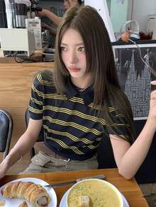 女士针织条纹短袖T恤，圆领，短款（条纹随机）夏季 - 藏蓝色 - 查看 5