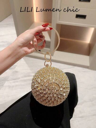 新款流苏水钻晚宴手拿包，百搭连衣裙，时尚创意球形手柄手提包，金色水钻款。1. 圆形磁扣流苏包，顶部配有圆环设计，适合女孩携带参加派对、约会和其他场合。