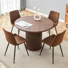 Minimalistic Rundtisch-Set Mit 1 Tisch Und 4 Stühlen.Runder Esstisch Aus MDF Mit 100 Cm Durchmesser In Nussbaumholzoptik.Combiniert Mit 4 Stühlen Aus High-Tech-Stoff Und Verbreiterter Sitzfläche. - Redwood - View 6