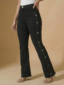 Women's Black Flare Jeans With High-Waisted Butt-Lifting Effect And Rhinestone Detail. - Side Rhinestones - View 1