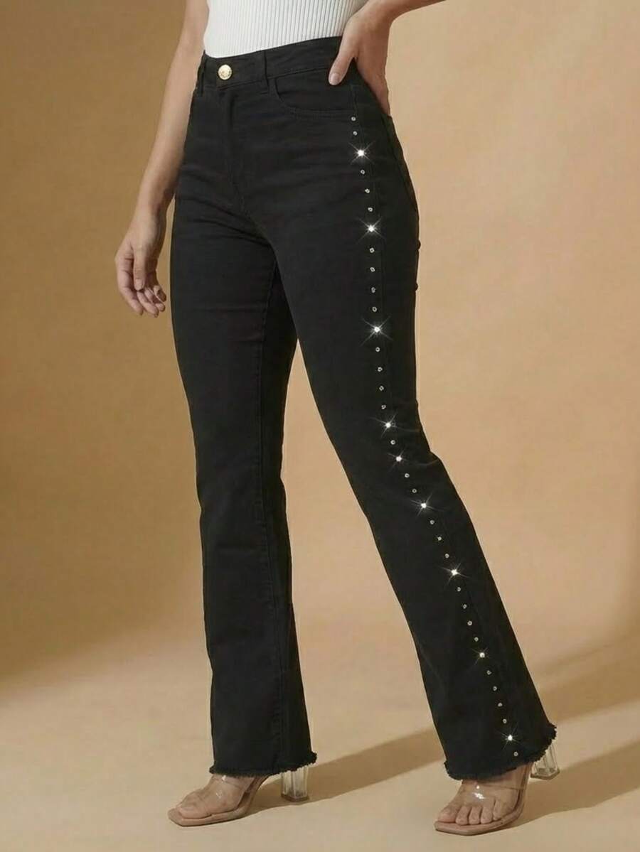 Women's Black Flare Jeans With High-Waisted Butt-Lifting Effect And Rhinestone Detail. - Side Rhinestones - View 1