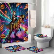 1pc/3pcs/4pcs Magical Starry Sky Cat & Tyrannosaurus Rex Bathroom Decor Shower Curtain Set, Free 12 Hooks Included, High-End Holiday Atmosphere, Bathroom Mat, U-Shaped Toilet Mat And Round Toilet Mat, Suitable For All Scenarios Bathroom Set - Multicolor - View 6