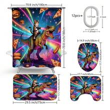 1pc/3pcs/4pcs Magical Starry Sky Cat & Tyrannosaurus Rex Bathroom Decor Shower Curtain Set, Free 12 Hooks Included, High-End Holiday Atmosphere, Bathroom Mat, U-Shaped Toilet Mat And Round Toilet Mat, Suitable For All Scenarios Bathroom Set - Multicolor - View 11