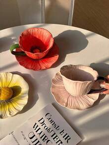 1 Set Floral Ceramic Coffee Cup & Saucer Set, Home/Cafe Latte Cup & Saucer Set, Afternoon Tea Cup, Gift - Multicolor - View 5