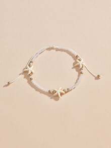 1pc Fashionable Vintage Beach Style Natural Starfish Adjustable Rice Bead Anklet Jewelry, Suitable For Travel - Multicolor - View 3