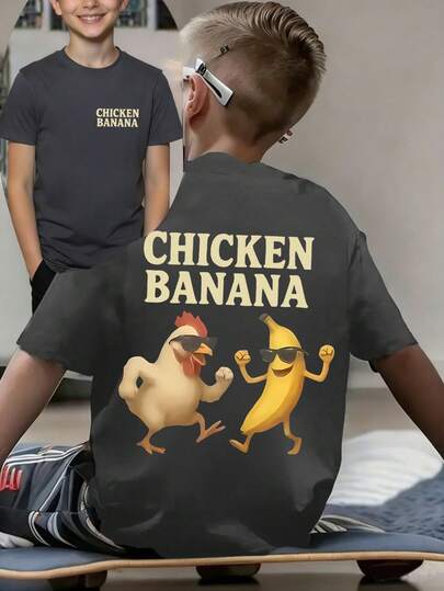 Tween Boy Cartoon Chicken & Banana Graphic Print T-Shirt, Soft & Comfortable Fabric, Fashionable For Casual & Outdoor Wear, Summer Top For Boys
