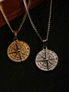 1pc Men Stainless Steel Compass Necklace Rope Chain Gold North Star Pendant Necklce Curb Chain Men Jewelry Gifts - Curb Chain - View 3