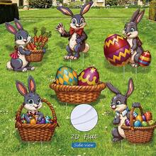 6 piezas Estacas de césped 2D con conejitos y huevos de Pascua, decoración de jardín, conjunto de accesorios para ambiente festivo - Multicolor - Ver 1