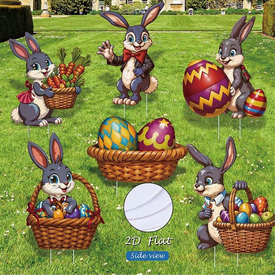 6 piezas Estacas de césped 2D con conejitos y huevos de Pascua, decoración de jardín, conjunto de accesorios para ambiente festivo - Multicolor - Ver 1