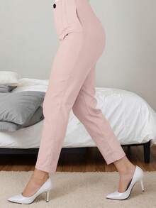 Women's Solid Color Slim Fit Casual Commuter Pants, Medium Stretch Polyester Fabric Pink Spring - Pink - View 5