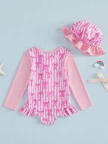 Traje de baño de 2 piezas para niña pequeña, bonito y moderno mono a cuadros de manga larga con gorro - Rosa coral - Ver 2