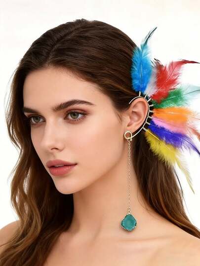 Bohemian Feather Earrings: Gold Curved Design + Ombre Feather Decor + Natural Stone Tassel, Vibrant Aesthetic Jewelry Presentation