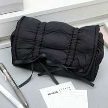 1 Piece Women's Cloud White With Ruched Ruffle Detail & Delicate Bow Accents Soft Puffy Nylon Pencil Pouch, Romantic & Feminine Style Multi-Functional Stationery Organizer With Spacious Zippered Compartment For Storing Pens, Highlighters, Cosmetics & Small Daily Essentials, Ideal For School, Office, Travel & On-The-Go Touch-Ups - 彩色 - 查看 2