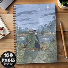 A5螺旋笔记本，专为艺术青年设计，风格治愈系，封面印有温馨的河畔风景和狗狗插画，采用优质纸张和哑光硬封面，适合工作计划、学生笔记、日记等，是理想的返校礼物。