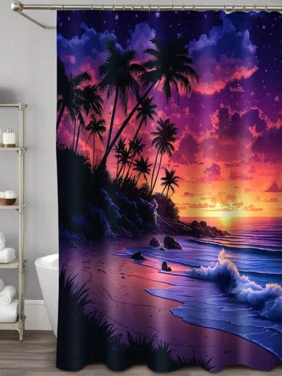 1pc Printing Shower Curtain For Bathroom - Mildew Resistant Design With 12 Hooks, Ideal For Shower Stalls And Bathtubs - 1 - View 1