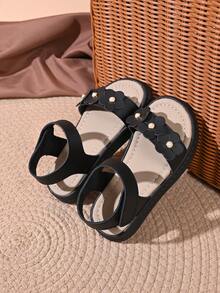 "Infant Girls Floral Pearl Sandals – Adjustable Ankle Strap, Soft Padded Footbed, Non-Slip Thick Sole, Cute Summer Baby Footwear" - Black - View 2