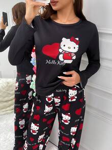 Sanrio 三丽鸥Hello Kitty女士轻薄长袖长裤睡衣套装，春夏秋季款 - 黑色 - 查看 4