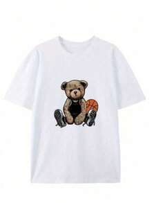 Men's Printed Bear Basketball T-Shirt, 100% Cotton, 30.1 Knit Fabric. - 白色 - 查看 4