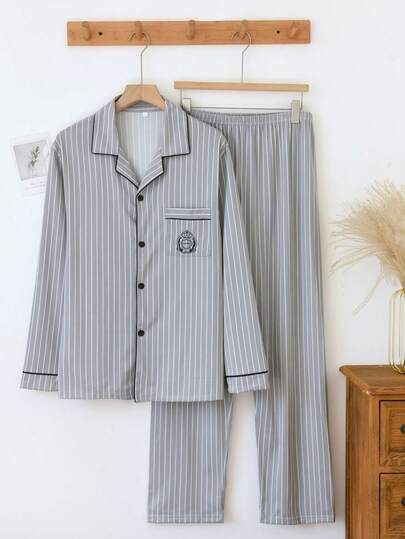 2pcs Men Plus Size Pajama Set - Comfortable Fabric Sleepwear Set, Fashionable Gray Striped Long Sleeve Shirt & Pants, Casual Loungewear Suitable For Spring, Autumn, Winter