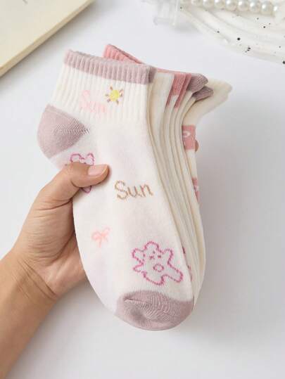 5 Pairs Women's Pink & White Cartoon Short Socks, Cute Floral & Bow Versatile Ankle Socks/No-Show Socks, Suitable For Daily Wear, Random Colors, Spring/Summer