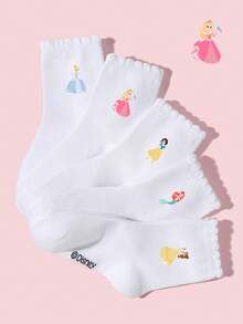 5/1 Pair Disney Girls/Kids White Lace Socks, Adorable Cartoon Princess Pattern Decor, Casual Breathable Sports Socks, Sweet Versatile Soft Ankle Socks, Suitable For Classroom, New School Term, Student, Home Leisure, Birthday Party, Spring/Summer - White - View 10