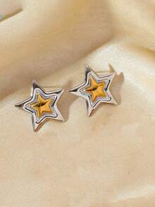 2-Tone Star Stud Earrings - Dual-Layer Metallic Earrings In Gold & Silver, Suitable For Sweet & Casual Daily Outfits - Star - View 7