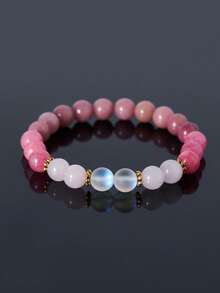 1条8毫米天然石珠爱心手链，玫瑰石英、月光石和菱锰矿，象征信任与和谐，男女皆宜，适合瑜伽、冥想、灵修、时尚饰品及礼物